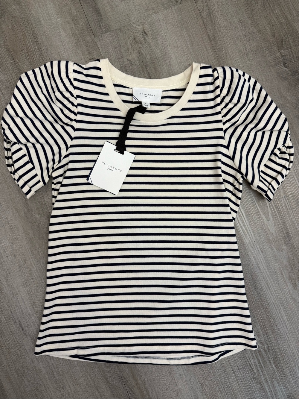 Pomander Place Black & Cream Striped Puff Sleeve Tee